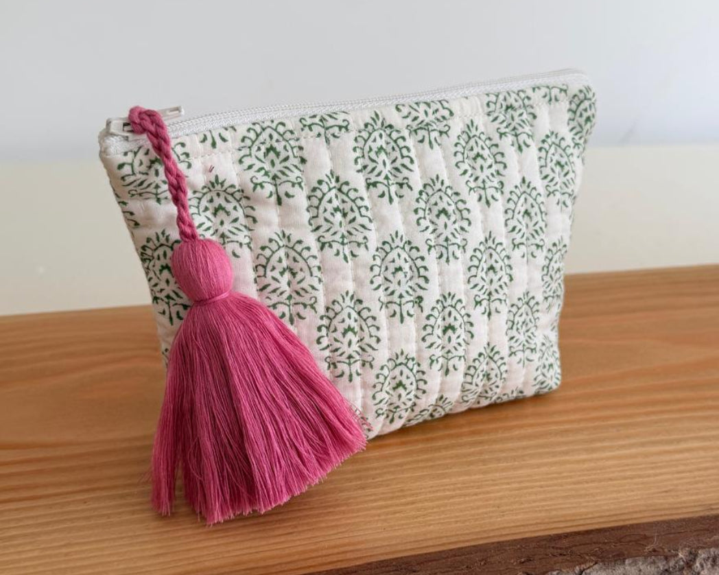 Green block-printed cotton pouch