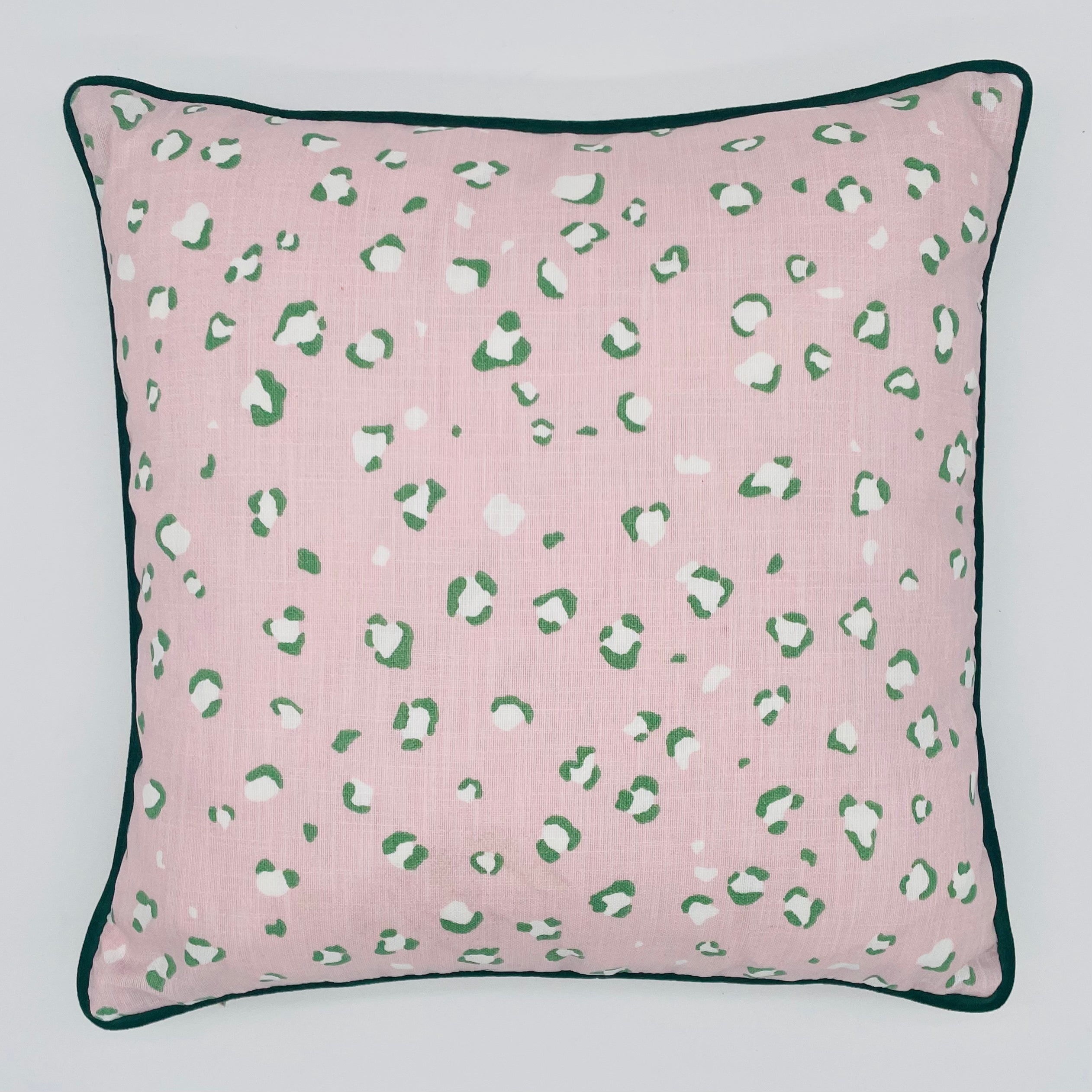 Leopard Print Pink Cushion with Green Velvet Piping