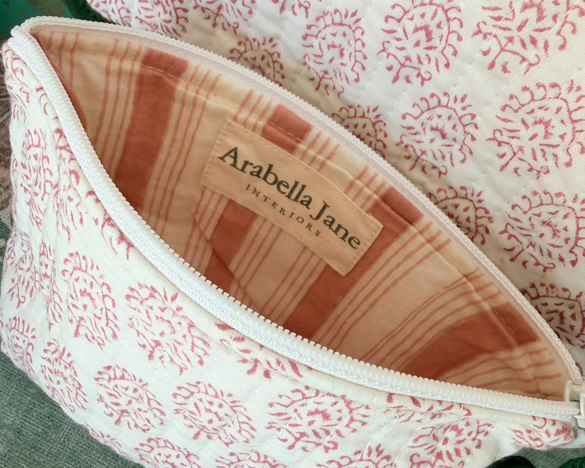 Pink block-printed cotton pouch