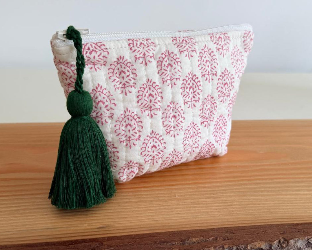 Pink block-printed cotton pouch