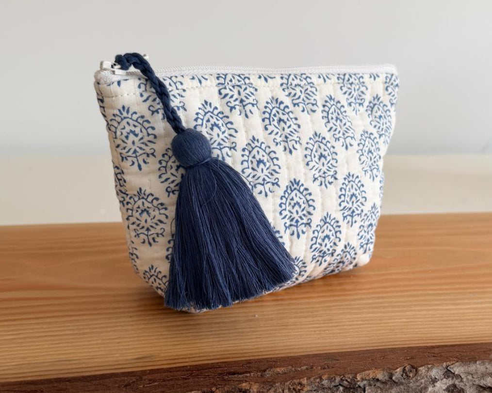 Indigo block-printed cotton pouch