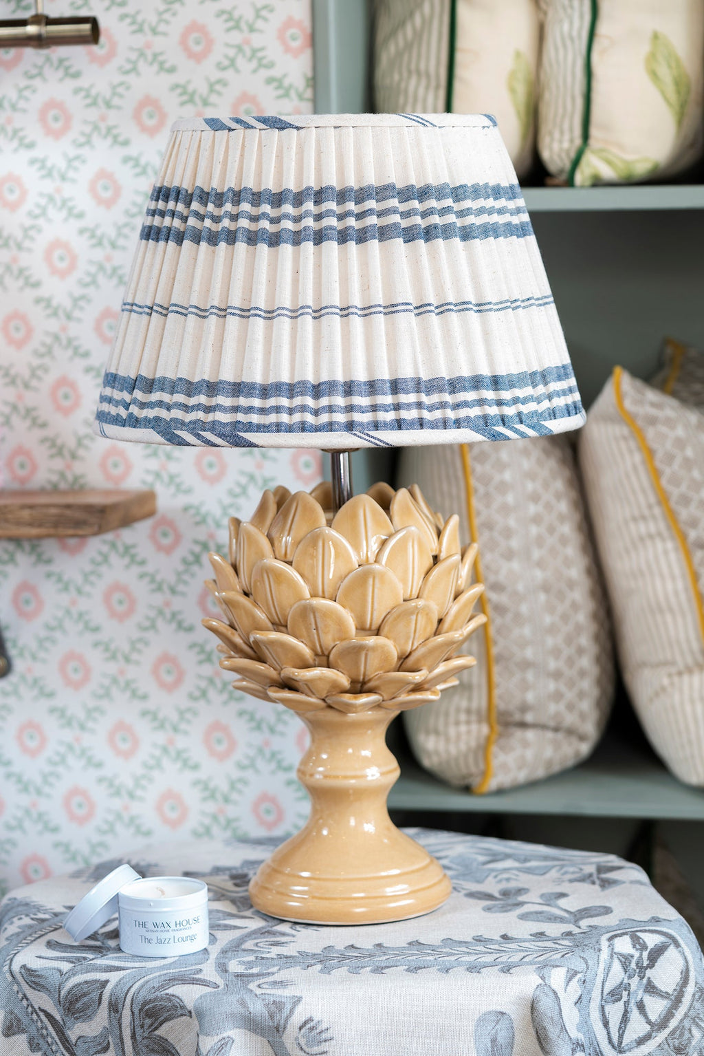 Gathered Lampshade in Blue Stripe