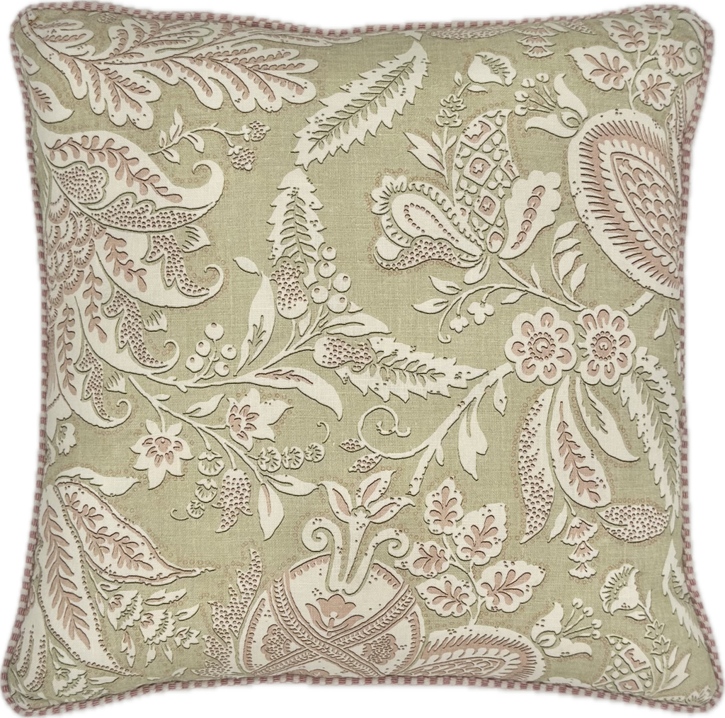 Lewis and Wood Green and Pink Cushion with Pink Trimming