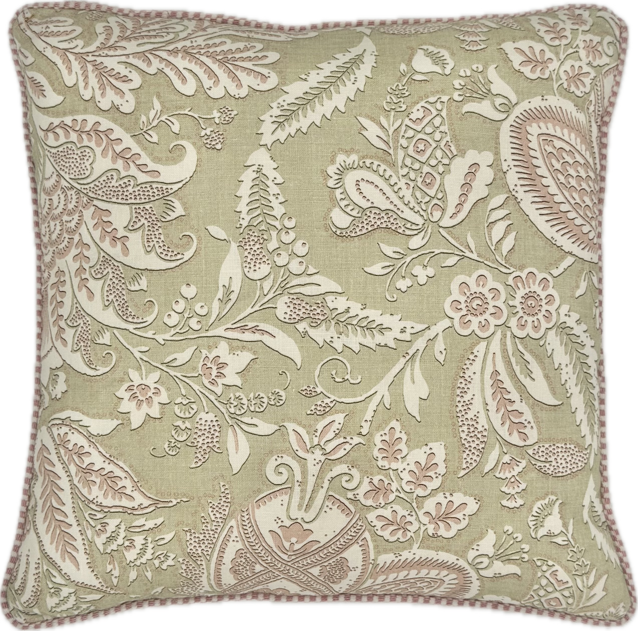 Lewis and Wood Green and Pink Cushion with Pink Trimming