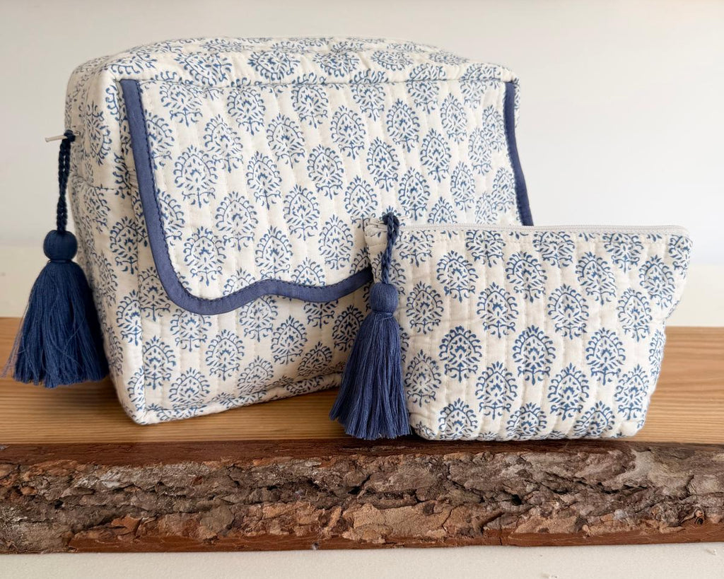 Indigo washbag with scalloped edging